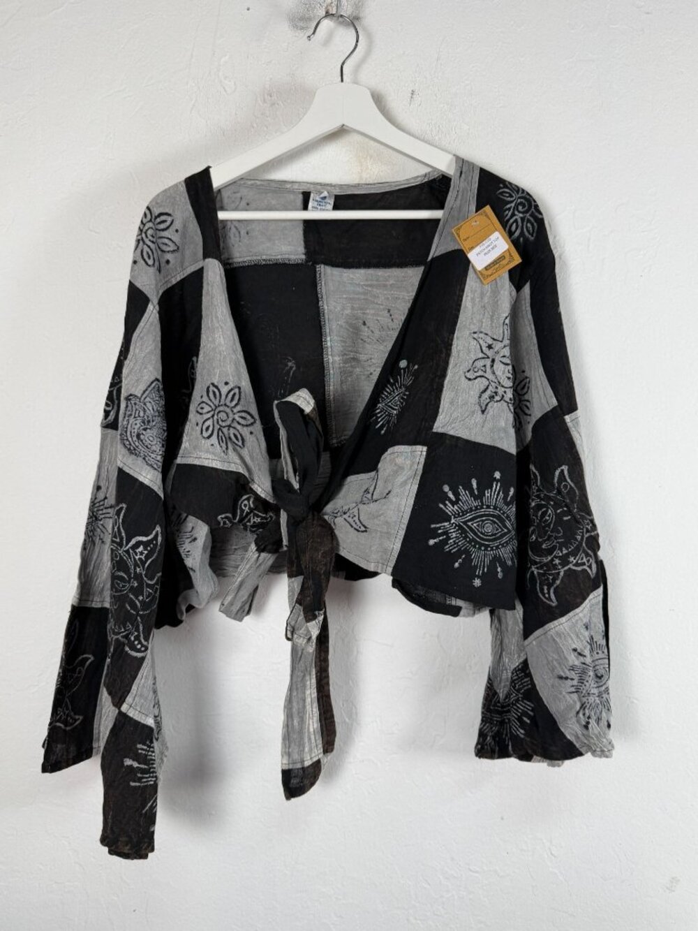 Karma Nepal Craft Womens Plus Size Cotton Patchwork Knot Crop Top Gray Black New